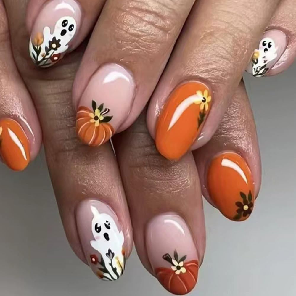 ONPRESS 24Pcs Halloween Press on Nails Short Almond Fake Nails with Orange Pumpkin Design Cute Ghost Flower Acrylic Nails False Nails Autumn Flower