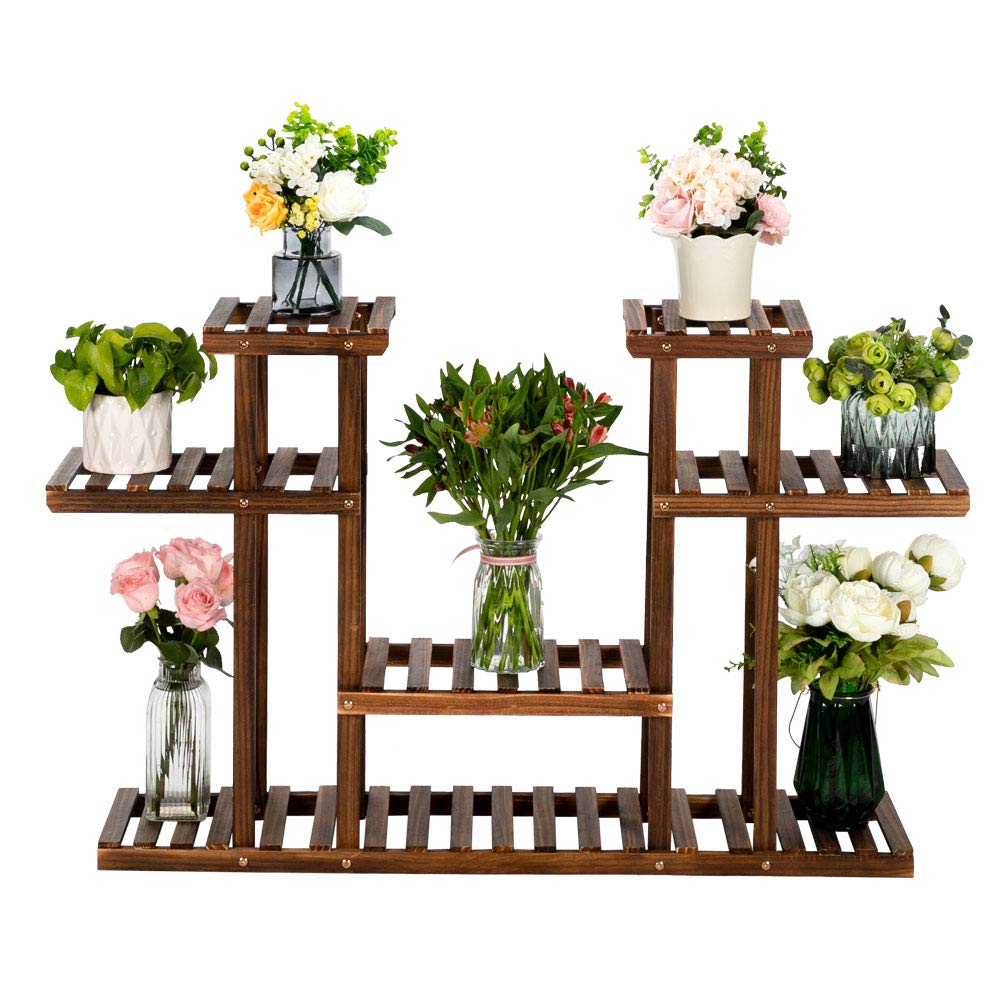 Yoperd 4-Layer 12-Seater Plant Rack Flower Pot Display Shelf Indoor and Outdoor Multifunctional Carbonized Wheel Wood Plant Stand Table