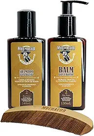 Kit Shampoo para Barba + Balm para Barba + Pente de Madeira Curvo Muchacho Bay Rum - Kit para limpeza, hidratação e modelagem da sua barba