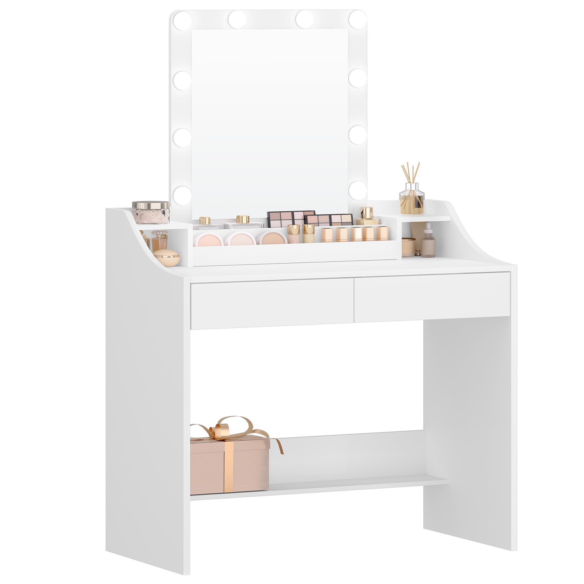 Hzuaneri 80cm Toeletta da Trucco con illuminazione a LED, Luminosità Regolabile, Tavolo da Trucco con Specchio, Toeletta con 2 Cassetti e 2 Scomparti Aperti, Moderno, Bianco DT39503X