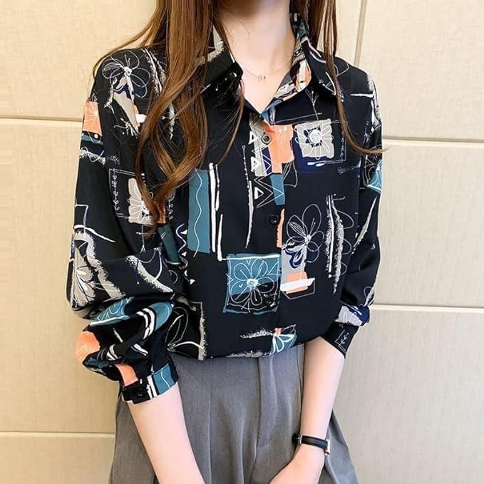 Image of ROYALICA Women's Short Sleeve Drop Shoulder Collared Blouse Button Down Graphic Print Blouse Shirts Top