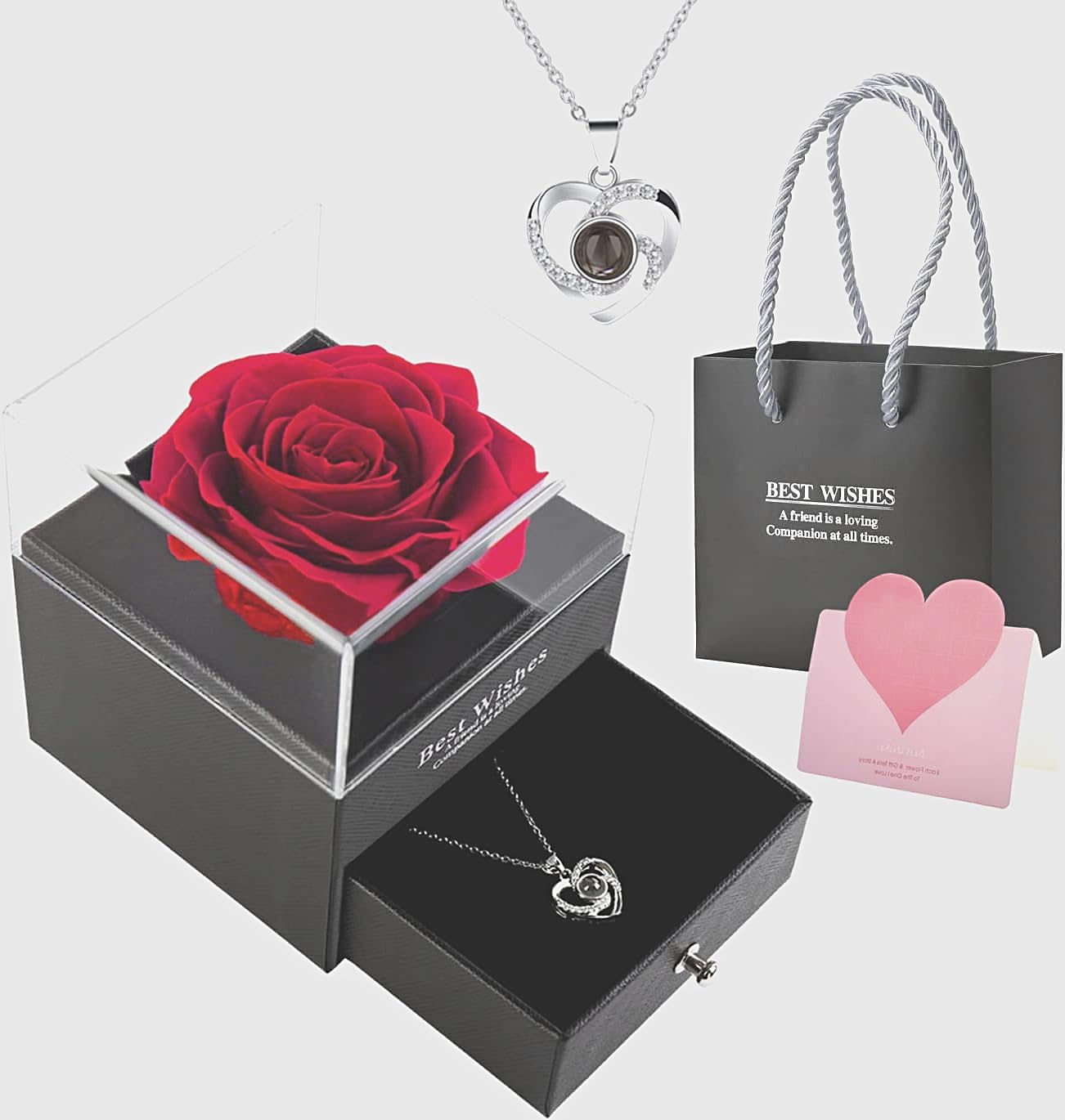 LEXSOLEXSO Valentines Day Preserved Real Rose with Heart Shaped Necklace in 100 Languages says I Love You, Eternal Flowers Rose Gifts for Women Mom Wife Girlfriend on Anniversary Day Birthday