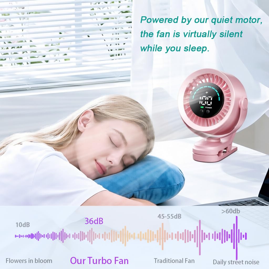 Ventilatore per passeggino ultra silenzioso 2026, 100 velocità, 5 modalità, display a LED, girevole a 360°, con gancio, per campeggio e carrozzina, ventilatore portatile da scrivania per