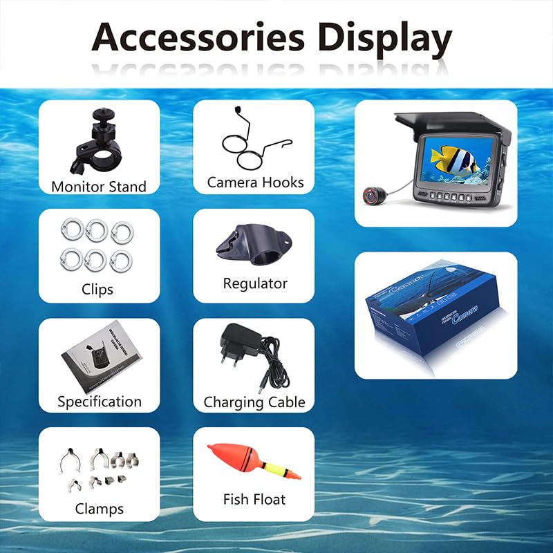 Image of Underwater Fishing Camera, 1000TVL Portable Fish Finder with 4.3 inch HD Monitor, 8 Infrared Night Vision Lights, 50ft Cable for Lake Boat Kayak Ice Fishing