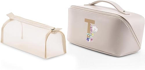 Miniatura 1 de Vlando Bolsa de cosméticos de viaje - Bolsa de maquillaje, bolsa de cosméticos impermeable de cuero PU, 02-Blanco-T, Moda