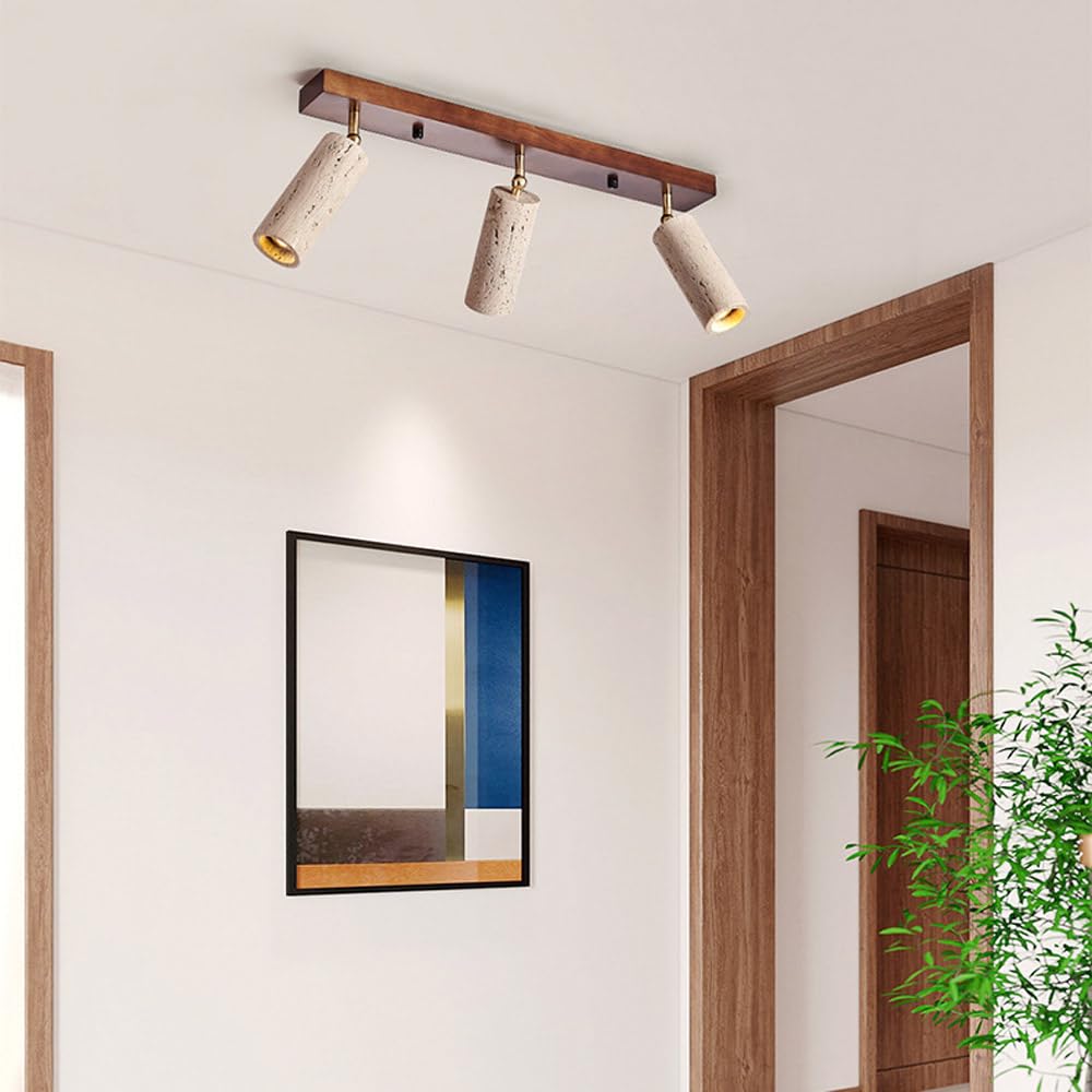 Foco de techo de 3 luces ajustable en piedra Wabi Sabi - Lámpara empotrada de travertino amarillo for cocina, dormitorio, oficina y pasillo(Walnut Color)