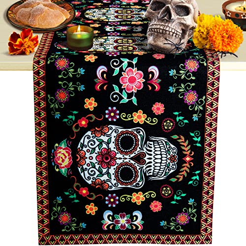 Caminho de mesa do dia dos mortos decoração de mesa de caveiras de açúcar corredor de mesa de linho mexicano para Halloween festa casa cozinha sala de jantar lareira, 180 x 35 cm (caveira)