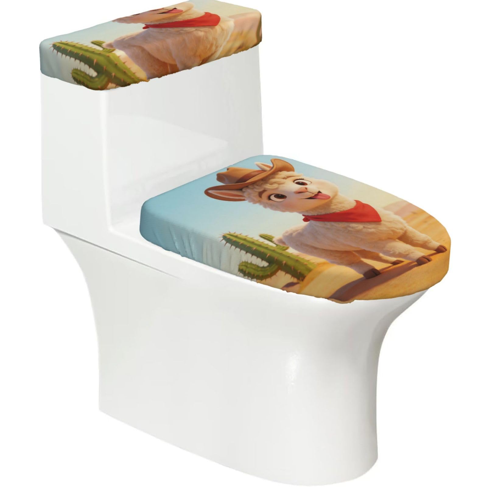 Alpaca Cowboy Elastic Toilet Cover Set of 2-Stretchy Lid and Tank Covers for Bathroom, Soft Washable U Shape Toilet Decor