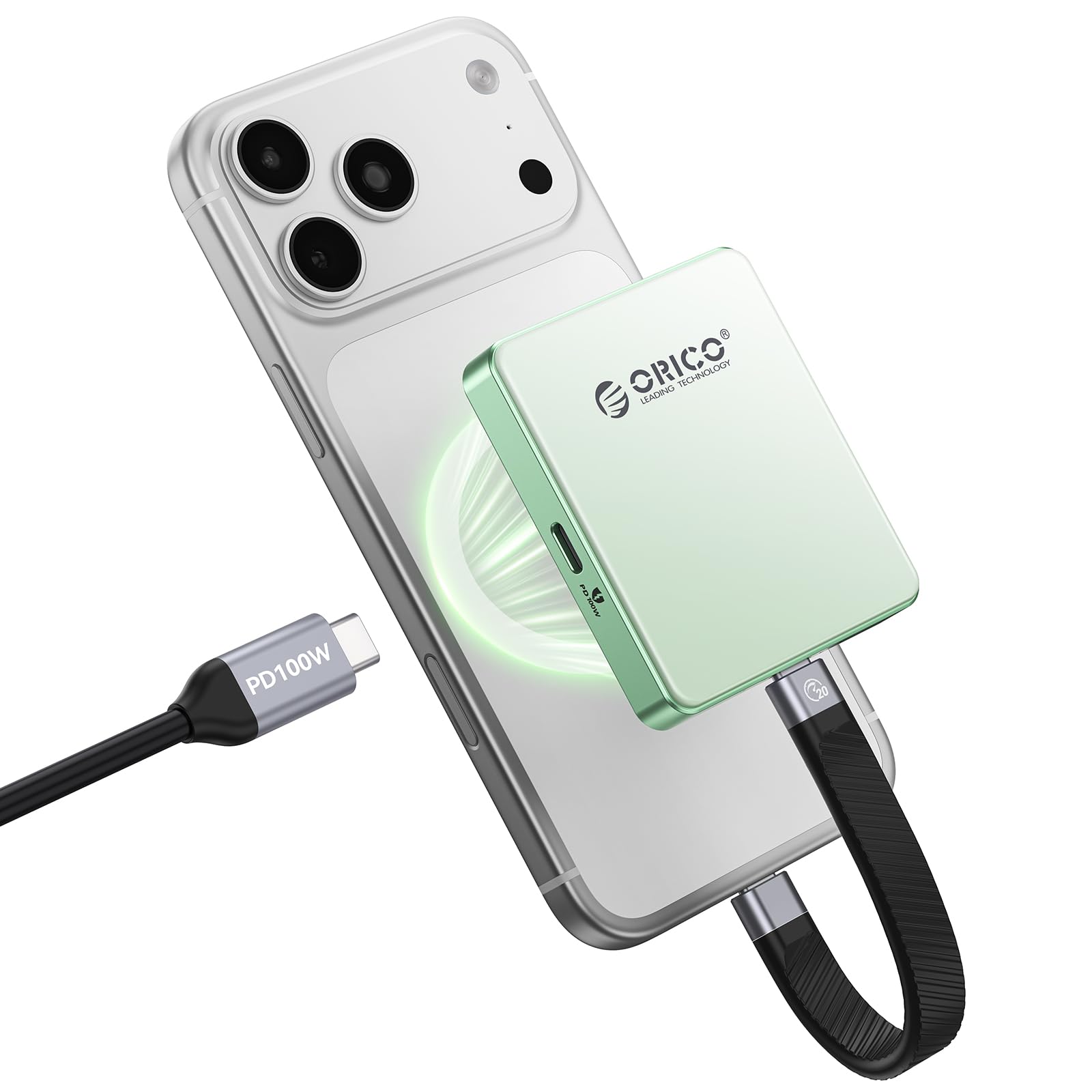ORICO 10Gbps Magnetic M.2 NVMe SSD Enclosure with PD100W Charging Port 4K ProRes Recording Max 2TB for iPhone 17/16/15 Pro/Pro Max/Plus Support SSD Size 2230/2242 B+M M-Key Diskless AP42P (Green)-image-9