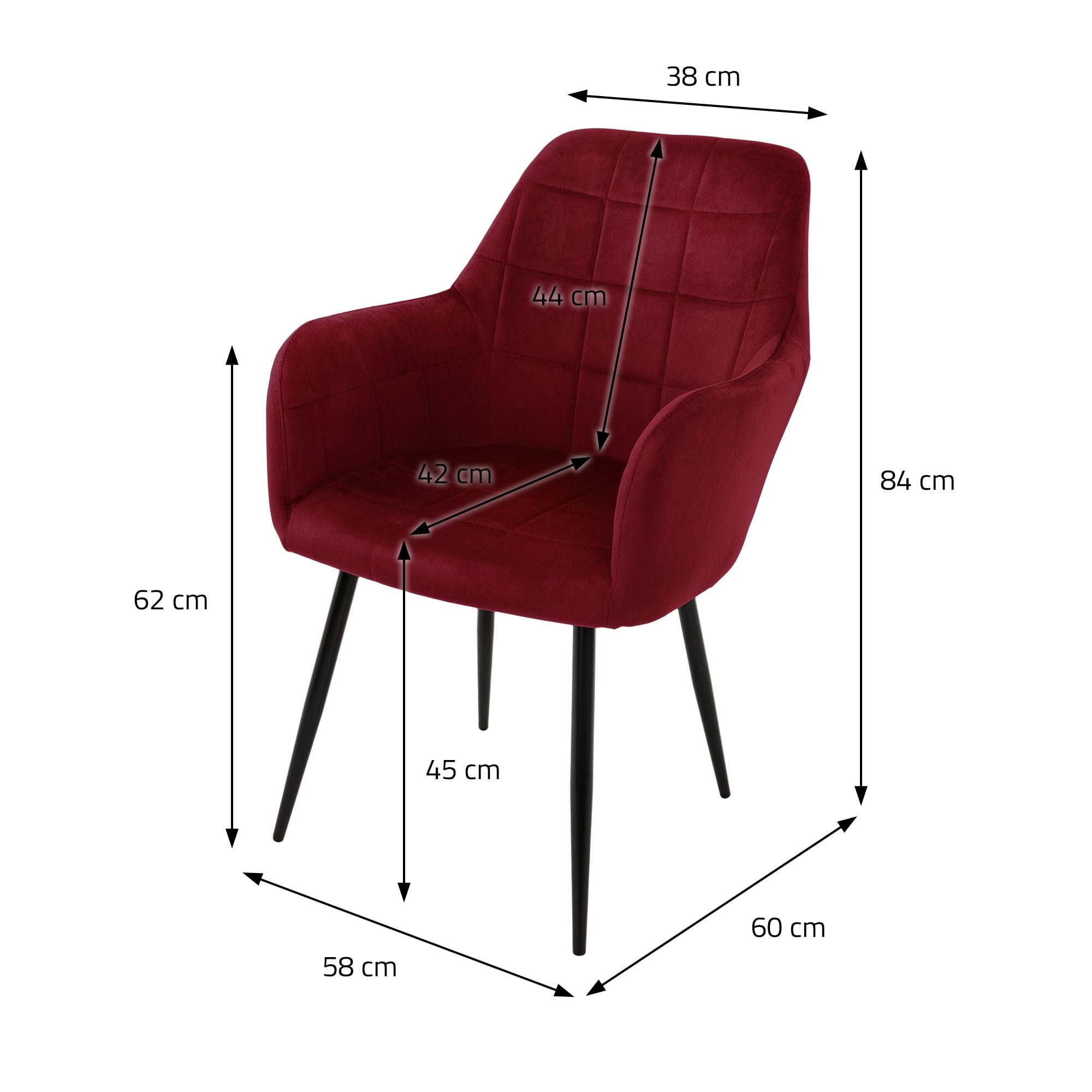 ECD Germany Zestaw 2 krzesel do jadalni Krzeslo do jadalni z oparciem i podlokietnikami Bordeaux Velvet Seat Metalowe nogi Krzesla kuchenne Krzesla do salonu Krzesla tapicerowane Krzesla Fotele