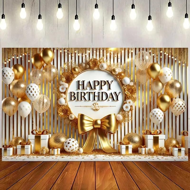 Image of DARSHANAM WORLD Birthday Decoration Backdrop Cloth Curtain (Pack of 1, Size: 5x8 Feet) Background Enhancer Poster,Happy Birthday Sign Theme-(Polyester). (Gold)