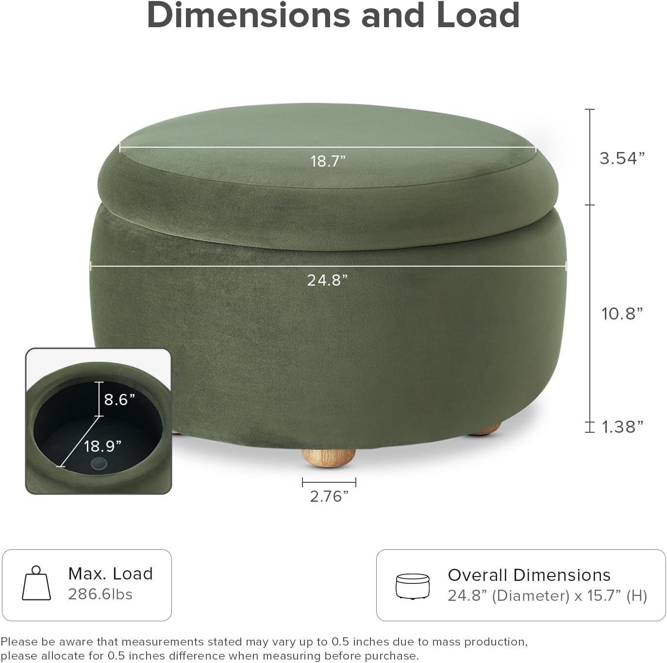 mopio Luna Round Ottoman with Storage and Tray, Round Coffee Table with Storage, Upholstered Foot Stools Ottoman for Living Room, Bedroom, with Solid Rubberwood Legs (Olive Green Premium Velvet)