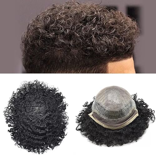 RESHE Afro Toupee para hombres negros, unidades de cabello humano brasileño de onda afro, piezas de cabello negro para hombres, rizado afro