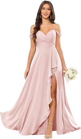 Bolodoo Chiffon Off The Shoulder Bridesmaid Dresses for Women V Neck Ruched Ruffles Formal Evening Gown with Slit