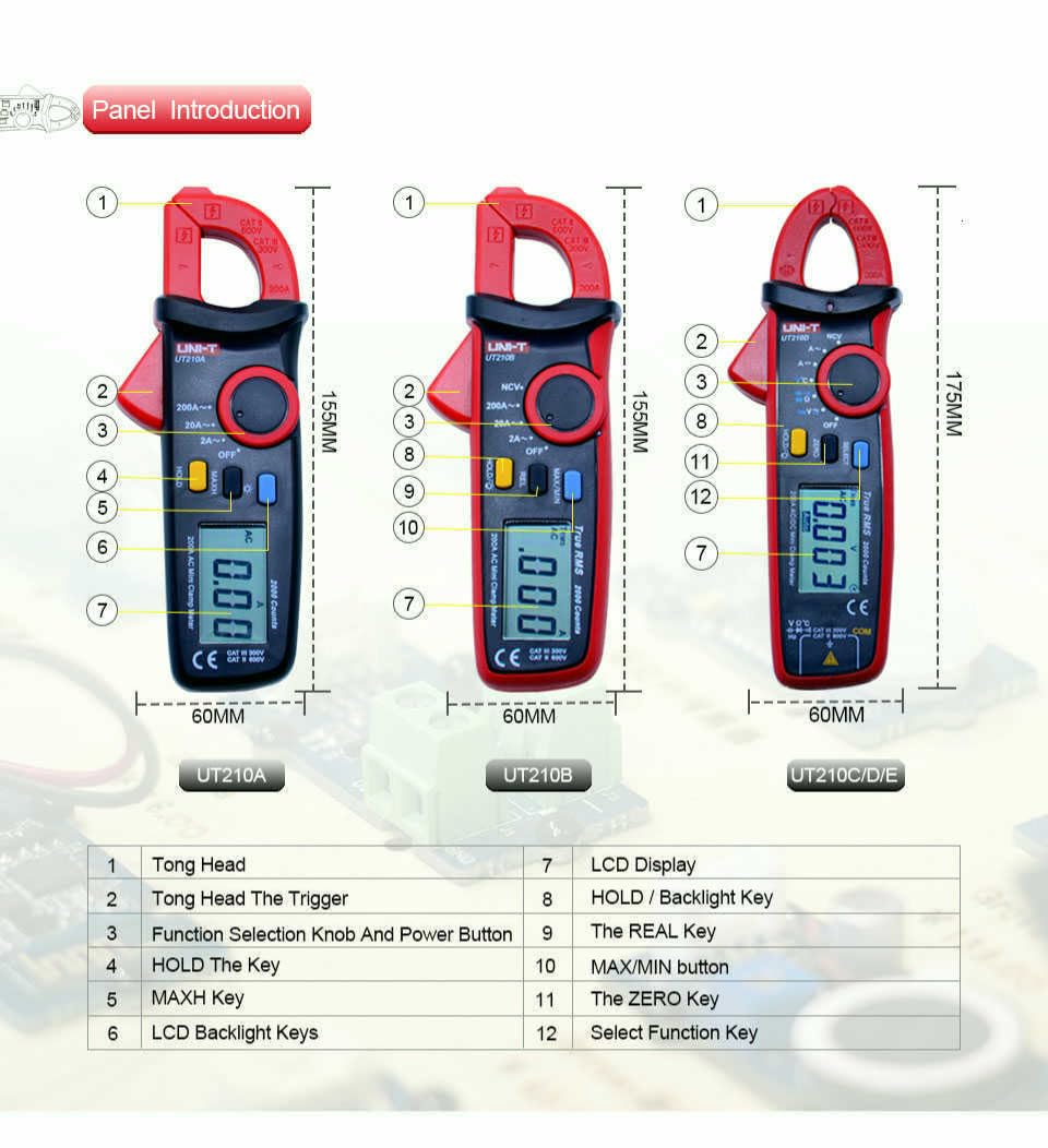 UNI-T Uni-Trend Multimeter clamp Meter Digital clamp Meter UT210A/B/C/UT210D/UT210E True RMS Multimeter Capacitor Frequency Resistance Tester Voltmeter Current Clamps(UT210C)