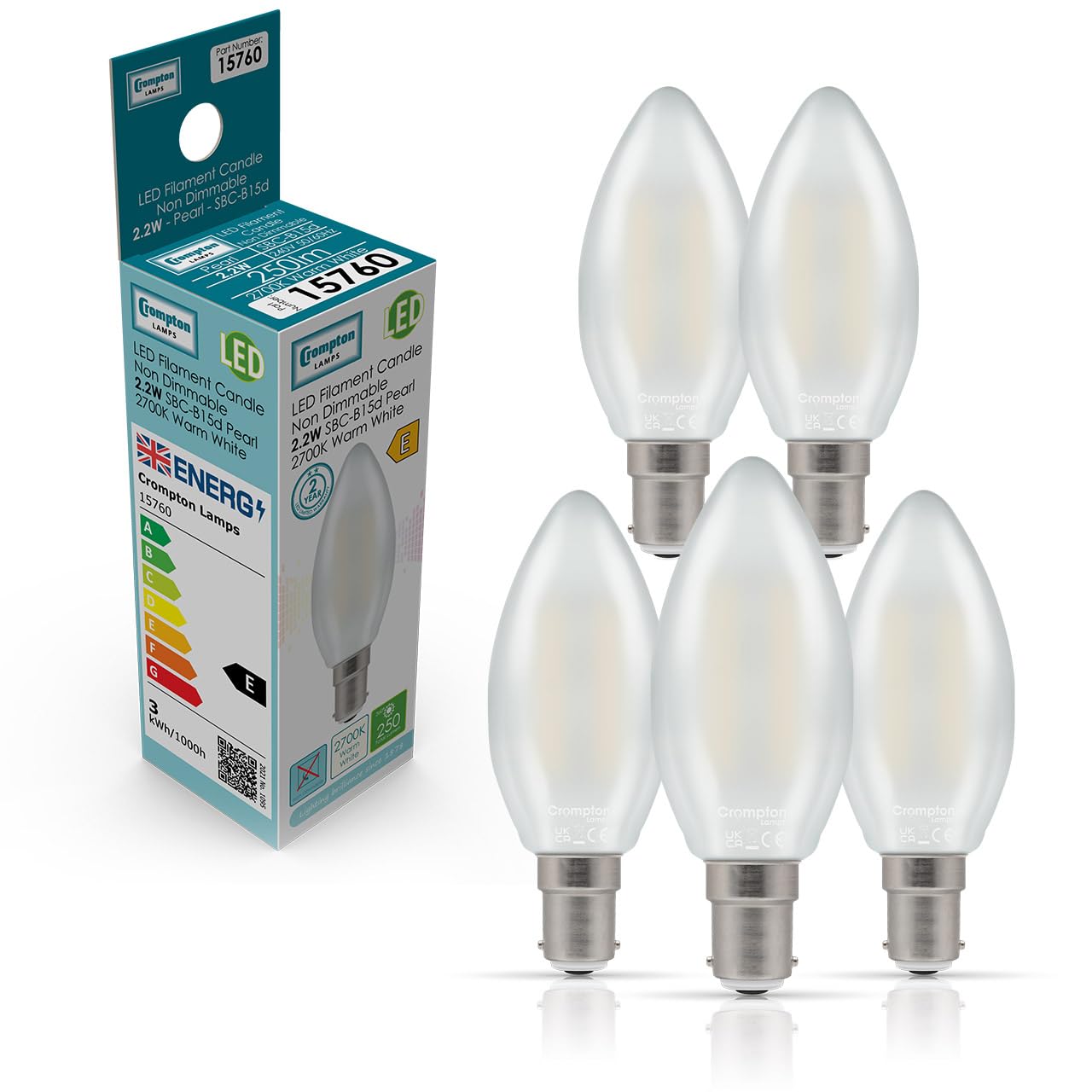Crompton Lamps Filament Candle LED Light Bulb SBC-B15d | 2.2W = 25W Equivalent | Warm White 2700K | Energy Efficient | Small Bayonet Lightbulb | Long Life 15000-Hrs | Pearl Glass | 5-Pack