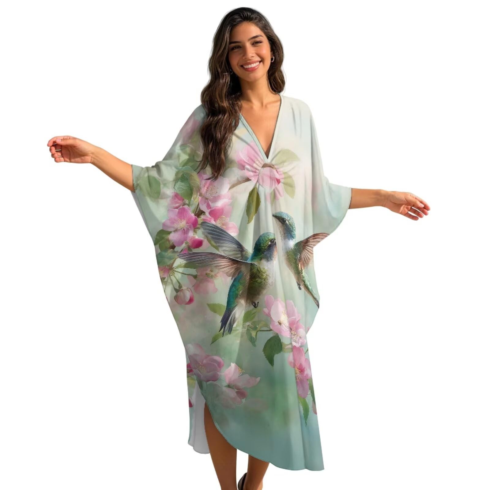 Poceacles Sukienka kaftan plus size dla kobiet sukienka maxi strój kąpielowy okrycie dekolt w serek rękaw nietoperz boczne rozcięcia kaftan