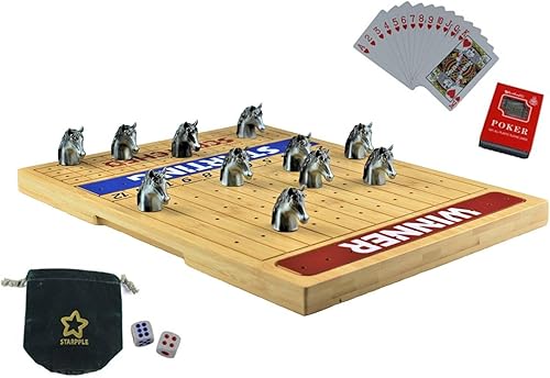 Juego de mesa de carreras de caballos de metal con tablero de juego de madera gruesa y maciza de carreras de caballos, 11 caballos clásicos de metal