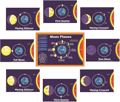 Set of 9 Lamination Moon Phases Charts | Classroom Science Poster | Moon Phase Names and Illustrations | for Teachers, Students, Classroom, Home - Reusable Moon Phases - Measuring 12.2 x 8.6