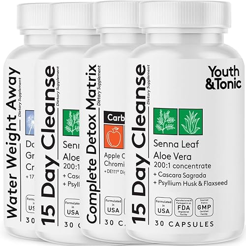 Detox Cleanse Kick Off Control de peso y limpiador extra de colon. Paquete de 4 para pérdida de agua, hinchazón, estómago plano, hinchazón con