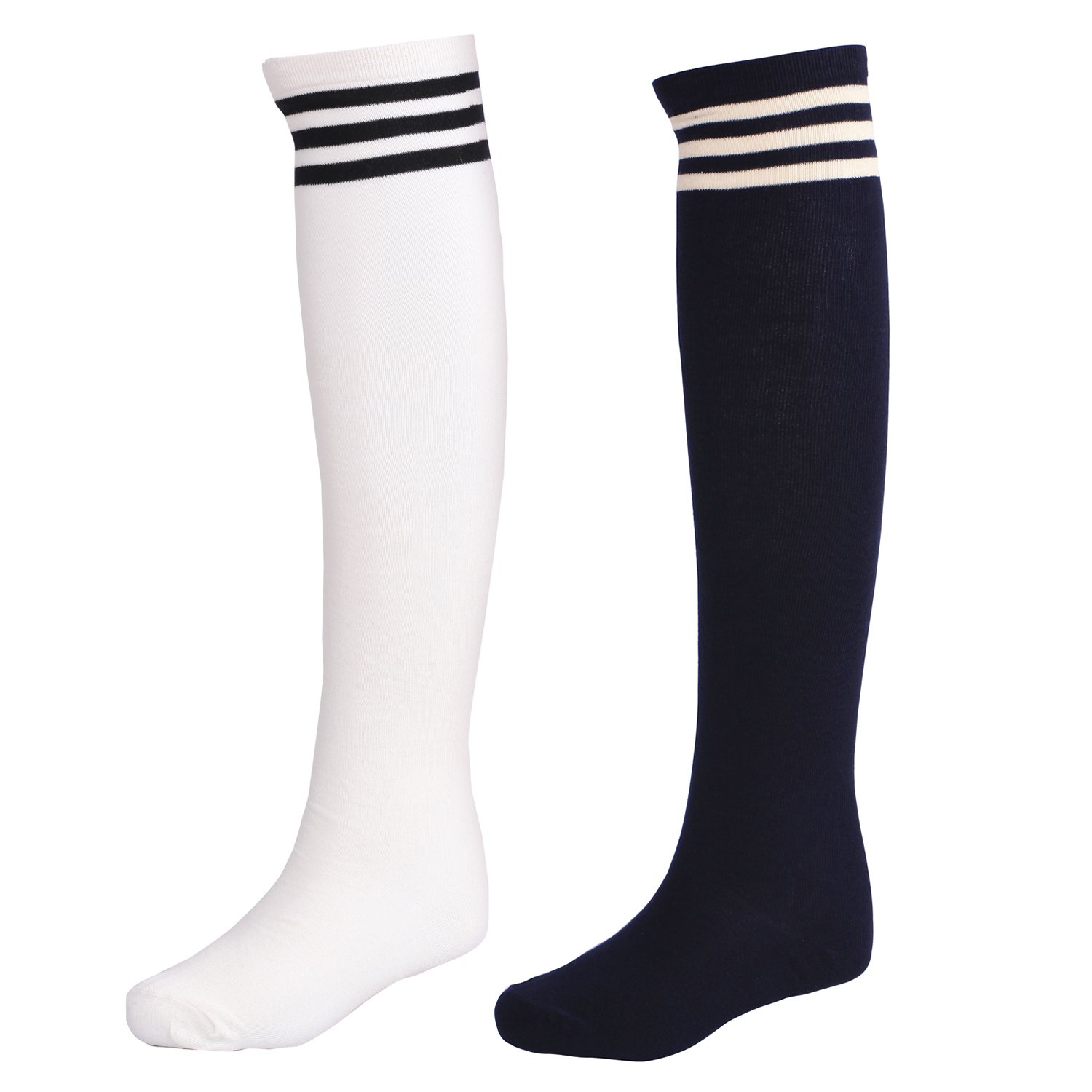 Littleforbig Girls White-Navy Stripe Tube Dresses Over The Knee Thigh High Stockings Cosplay Socks-White/Navy