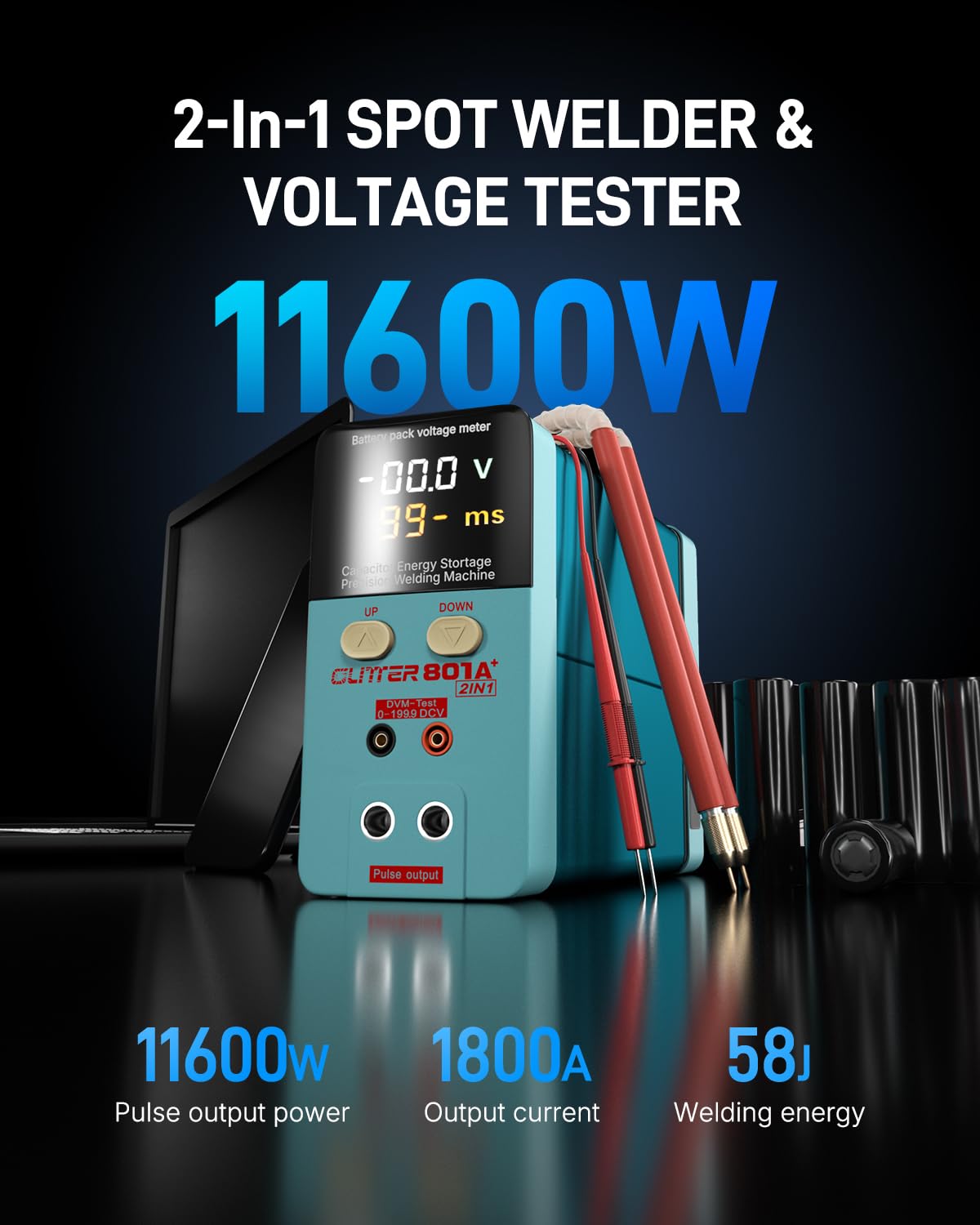 GLITTER 801A+ Lutownica punktowa do baterii litowych, detektor napięcia 0-199 V, 11600 W 1800 A spawarka akumulatorów do majsterkowania, 12 godzin pracy