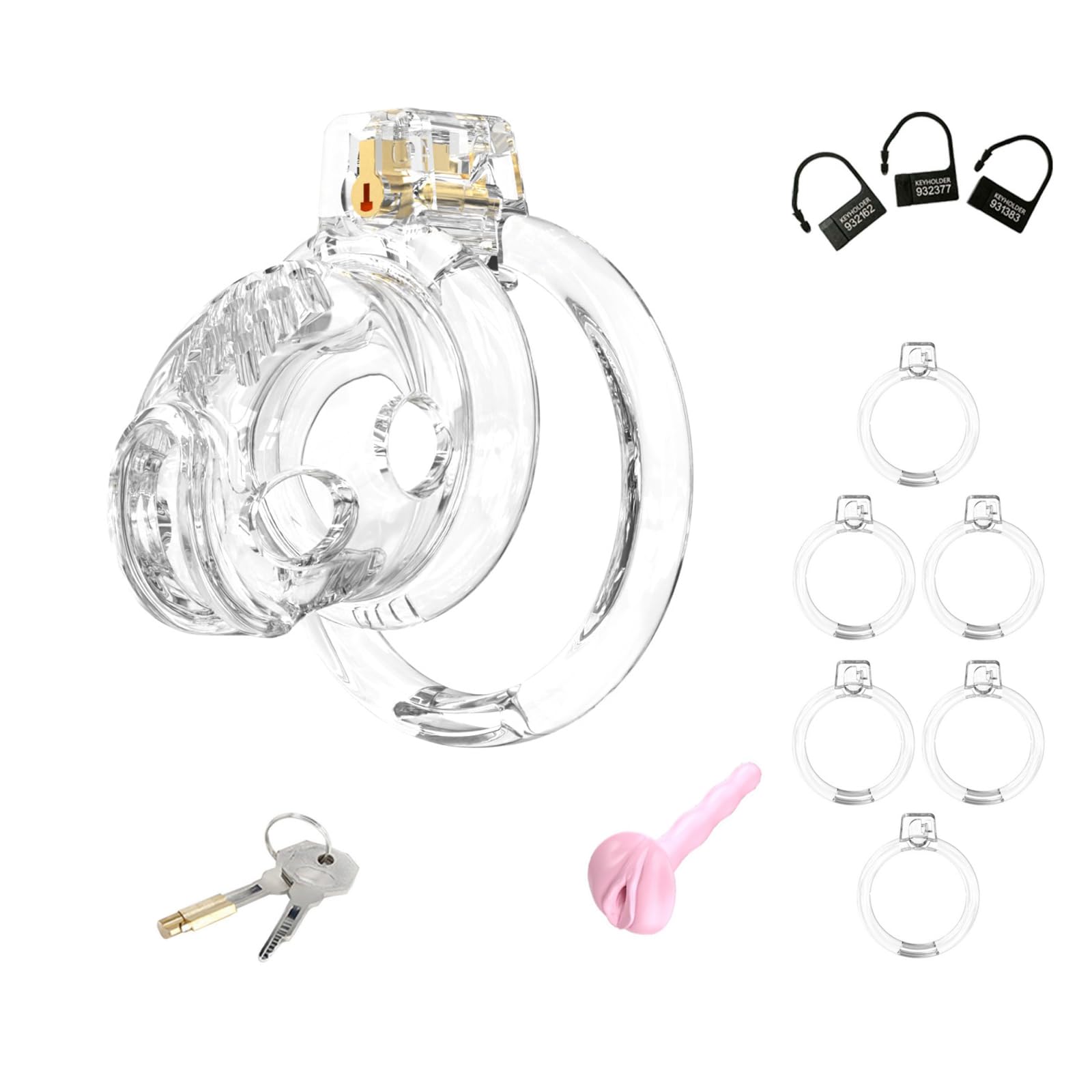 Cage de Chasteté en Silicone Chastity Cage avec 6 Anneaux de Tailles Différentes Sex Toýs Homme Cage à Pénis avec Cathéter et Serrure Cage Chastetée pour Immobiliser le Pénis (Transparent,S)