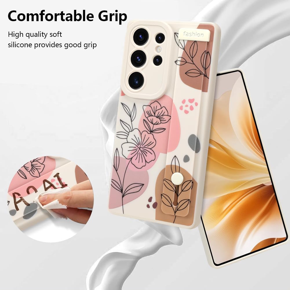 Case for Samsung Galaxy S25 Ultra 6.9 inch 2025 Released, Silicone Case with Strap for Women Girls Cute Floral Flowers Adjustable Wristband Kicktand Cover for S25 Ultra, Beige Flower - Image 5