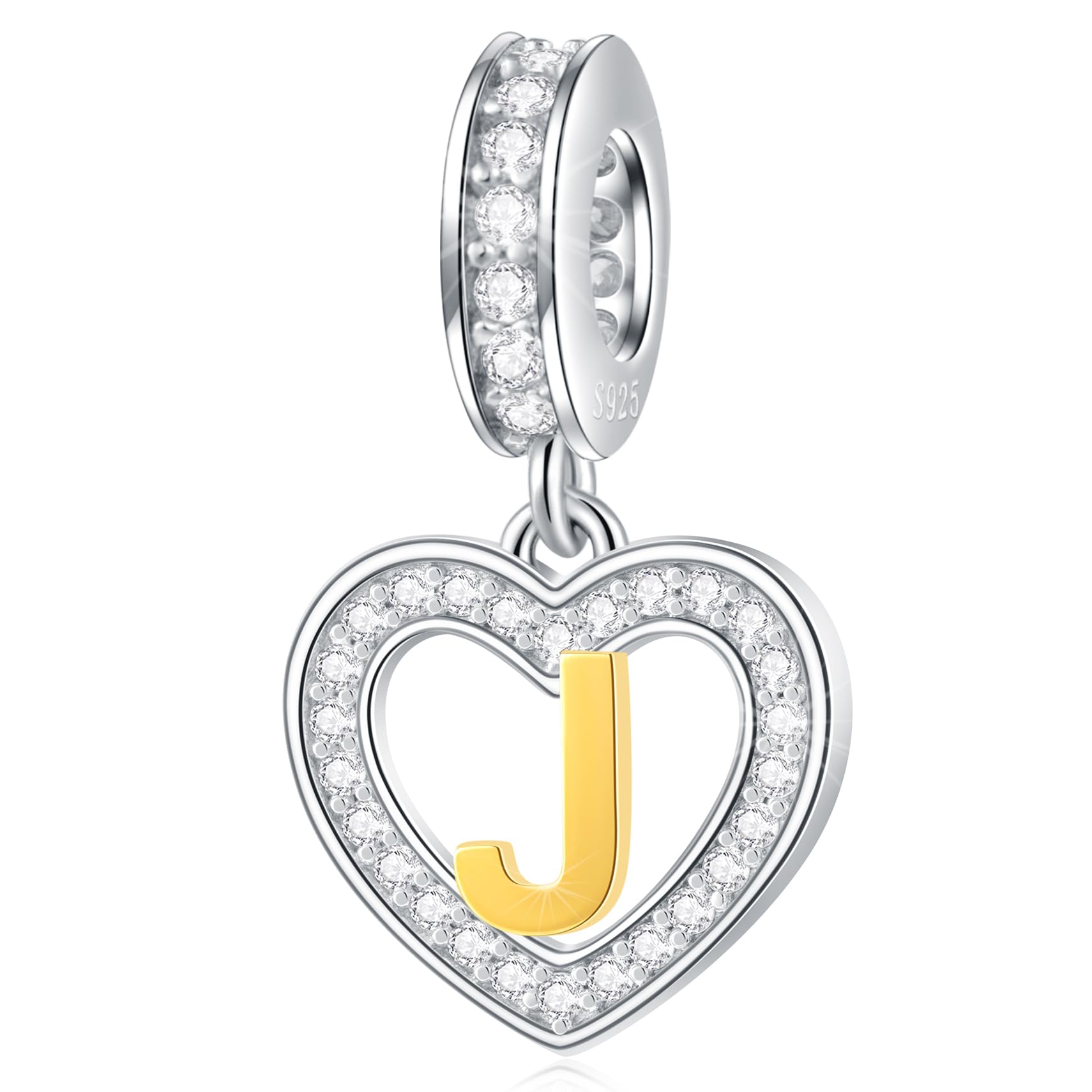 EMOSTAR Letter Charm Initial A-Z Beads fit European DIY Bracelet, 18K Gold Plated Letras Charms, 925 Sterling Silver Heart Alphabet Necklace Pendant with CZ, Gifts for Family/Valentines/Christmas