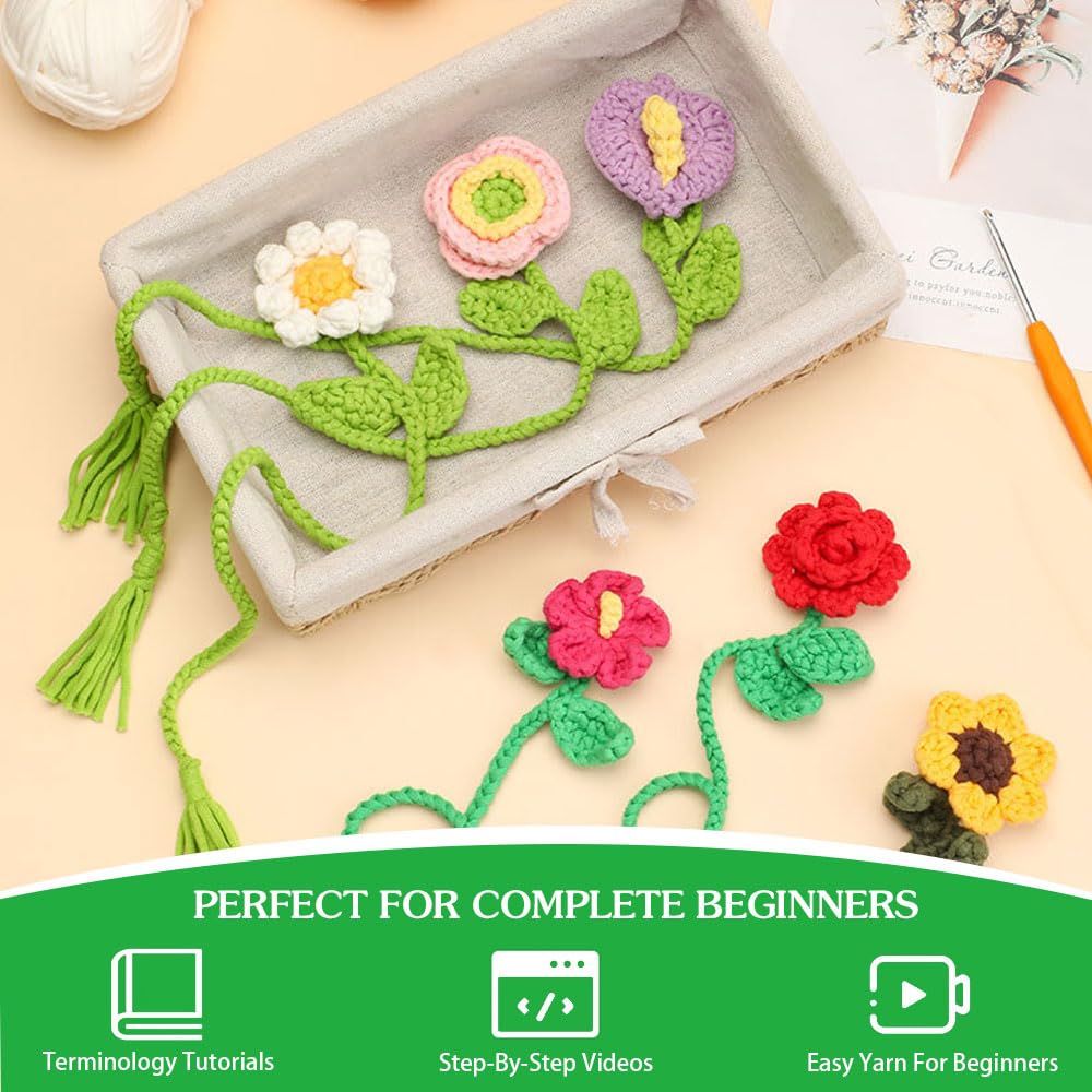 Kit Crochet Débutants FDEETY - Marque-Pages Fleurs, Fils, Crochets Et Tutoriels Vidéo