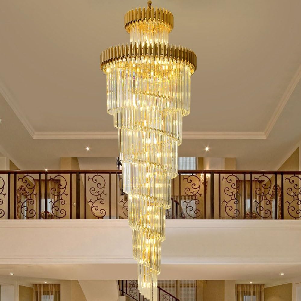HYJAUSXB Modern Nordic Style Crystal Chandelier for Duplex Staircase in Living Room Rotating Design Gold and Black Color Options Ideal Villa Hall Décor.