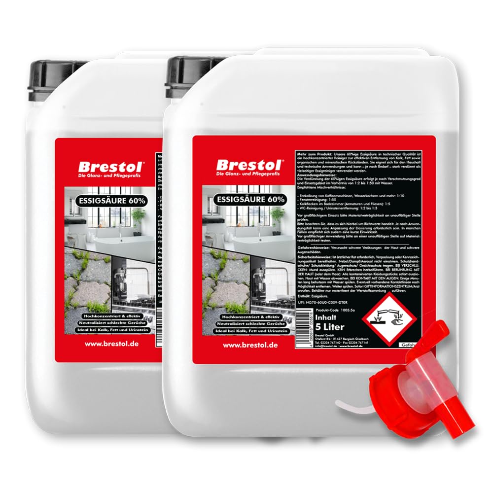 BRESTOL® Essigsäure 60 % – Hochkonzentriert für Industrie & Haushalt – Effektiver Reiniger gegen Kalk, Rost, Fett & Gerüche – Ideal für Küche, Bad, Werkstatt, Gastronomie & Maschinen – 10 L Kanister