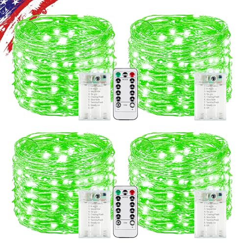 4 Pack Green Fairy Lights Battery Operated with Remote Waterproof 20FT 60LED Cuttable Twinkle Lights with Timer Indoor Outdoor String Light for Bedroom Classroom Wedding St. Patricks Day Dcor