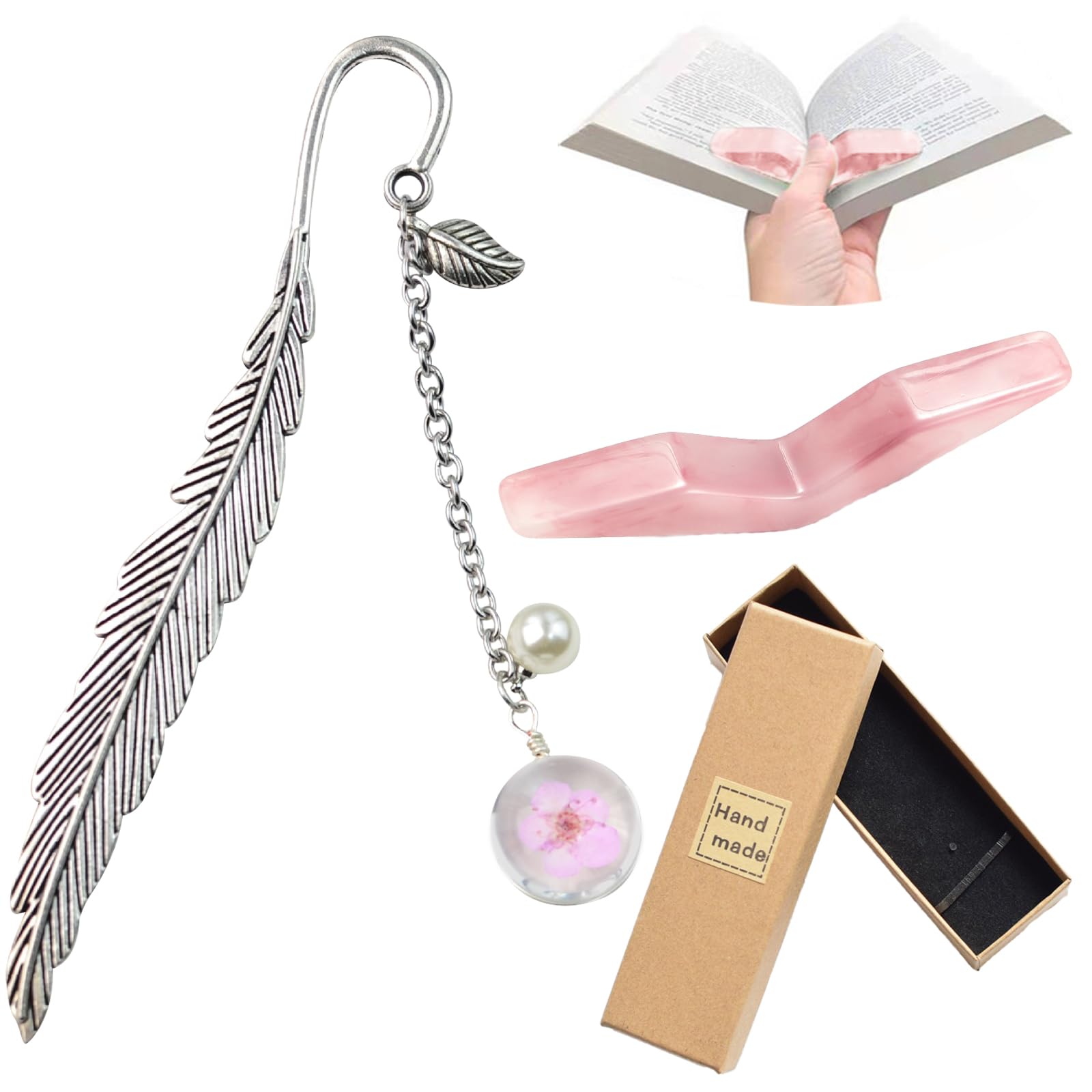 DKDDSSS Marcapáginas de Plumas, Marcadores de Libros de Metal 3D y Perlas de Vidrio Colgante de Flor Seca Eterna Con Caja Separador De Paginas Libro para Adultos Niños y Mujer Regalo Lectores