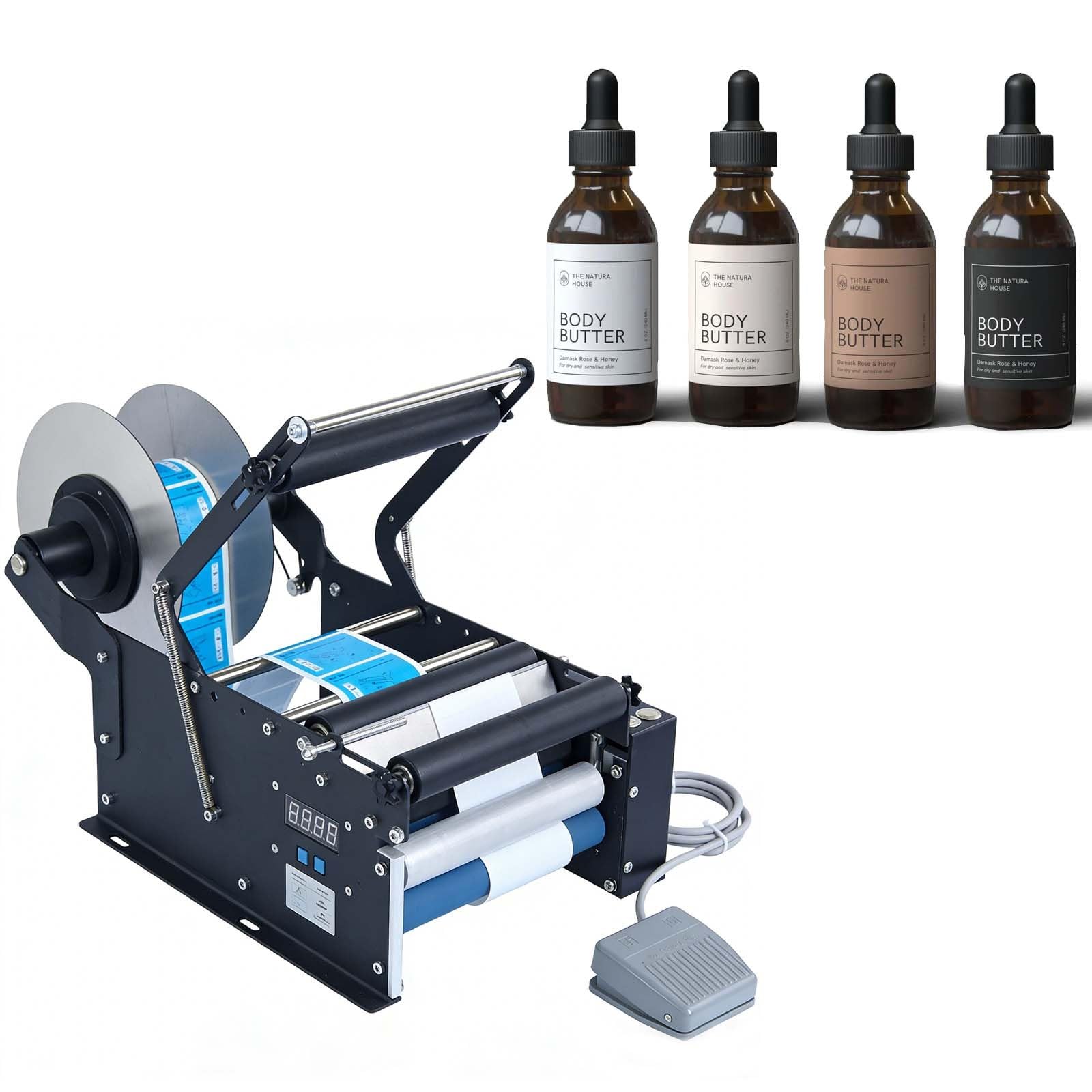 Macchina Etichettatrice Semiautomatica Per Bottiglie Tonde, Applicatore Di Etichette Con Accuratezza ±0.5mm, Display Digitale E Pedale, 30-40pcs/Min Per Operazione Senza Mani(Upgraded)