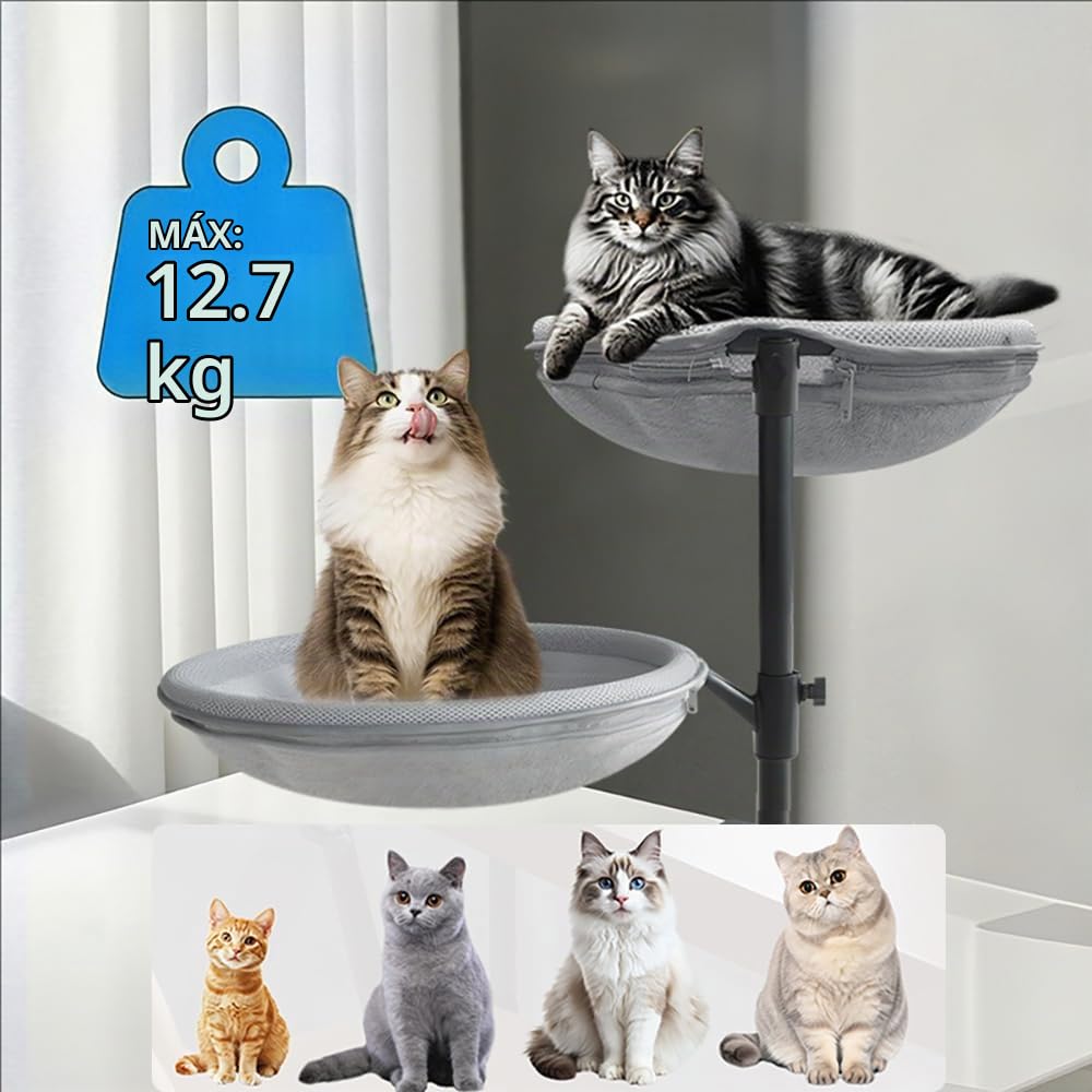 Hamaca para Gato Giratoria 360°, Altura Ajustable, con 4 Fundas Extraíbles y Lavables, Utilizable En Todas Las Estaciones, Cama para Gato (Gris), Capacidad Máxima De 28 Libras