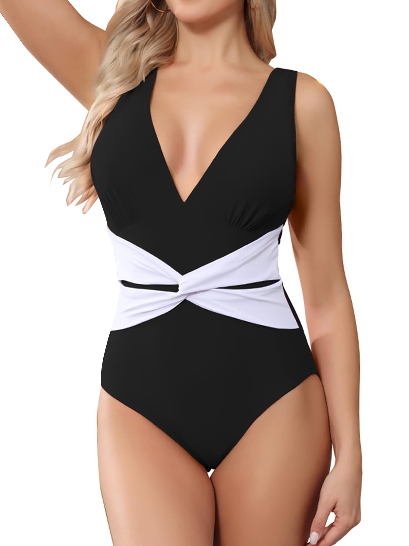 Leoparts Women's V Neck One Piece Swimsuits Color Block Twist Front Padded Moderate Coverage Bathing Suit Swimwear
