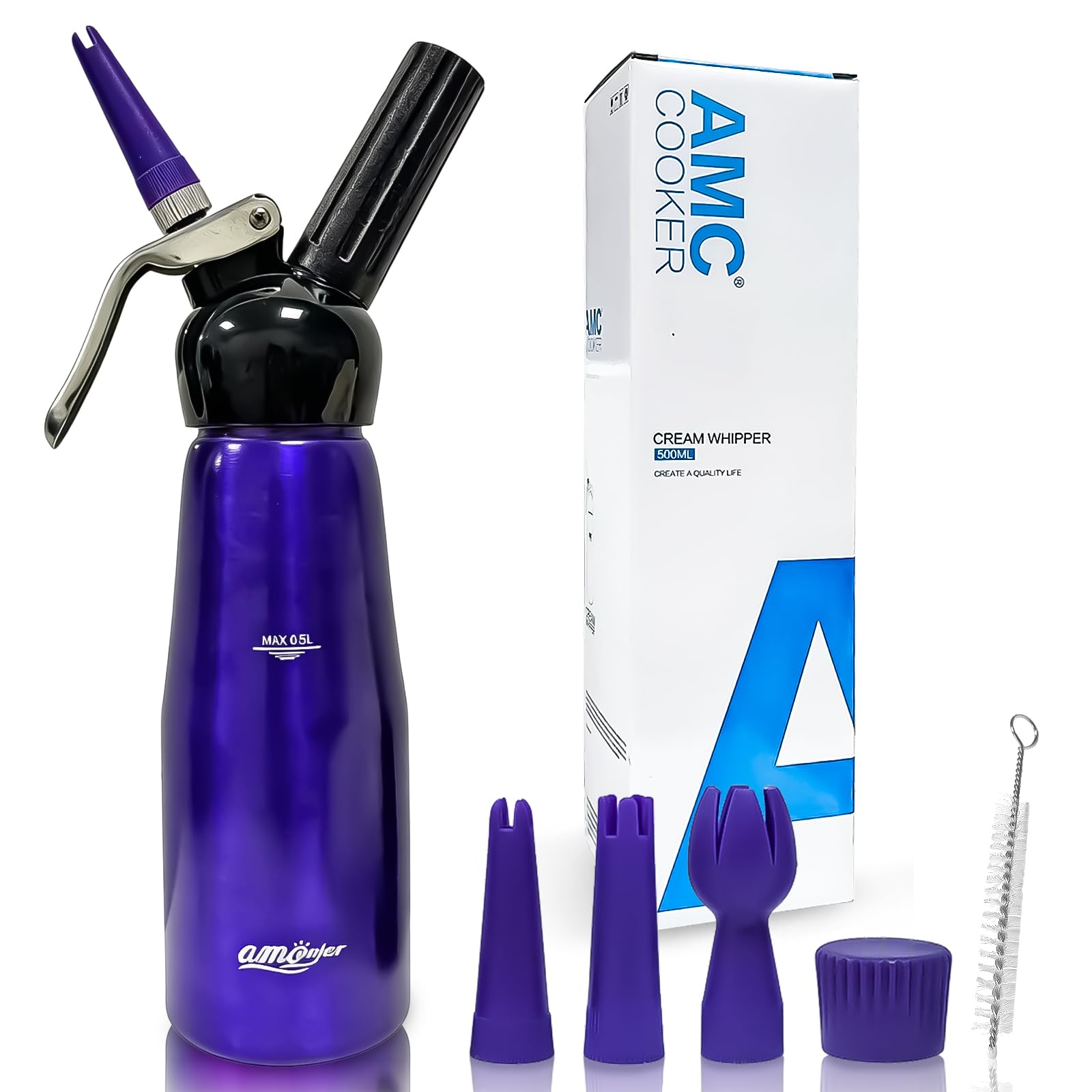 Sahnespender, Sahnesyphon, Sahnespender 500ml, Espuma Flasche, Schlagsahnebereiter Sprühsahne Sahnekapseln Sahnesiphon inkl. 3 Garniertüllen 1 Reinigungbürste, Sahnespender für Sahne,Dessert Herzhafte