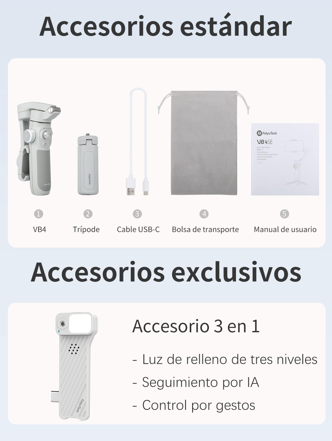 FeiyuTech VB4 Estabilizador de Móvil con Seguimiento IA, Barra Extensible de 216 mm y Luz Integrada, Gimbal 3 Ejes para Smartphone, Compatible con iPhone 17/16 y Samsung S25, Ideal para Vlog y Vídeo