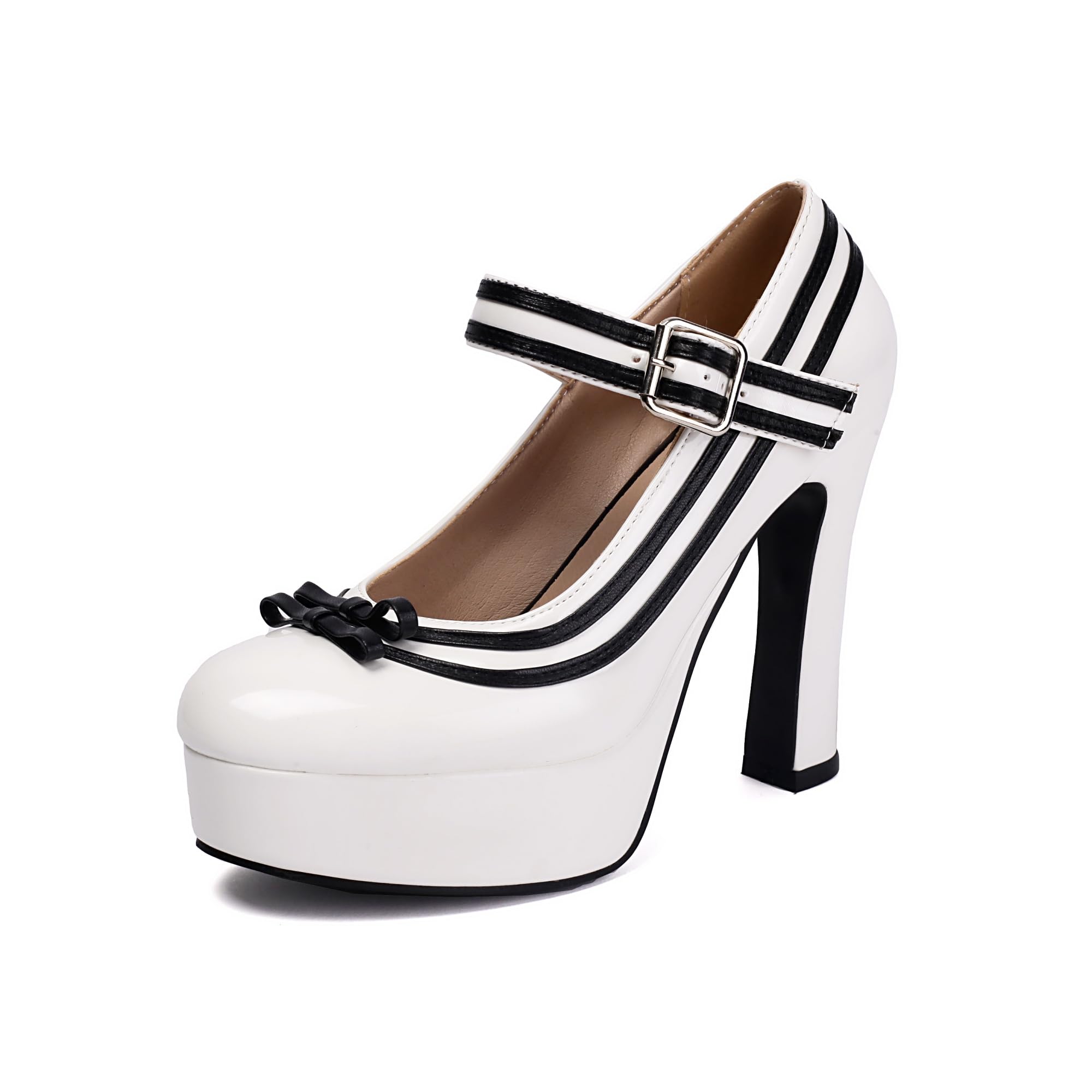elerhythm Mary Jane Closed Toe Cinturino alla caviglia Elegante décolleté Sweet Bow Piattaforma in pelle verniciata con tacco alto