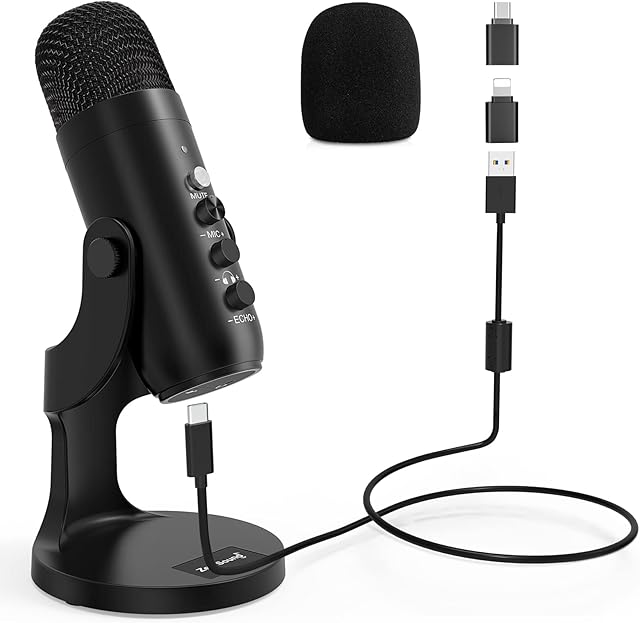 zealsound USB Microphone, Condenser PC Mic, W/Lightning adapter for iPhone, Gaming Microphone with Mute, Gain Knob, for PS 4&5, ASMR, Recording, Podcasting, Streaming,YouTube on Phone Mac Windows