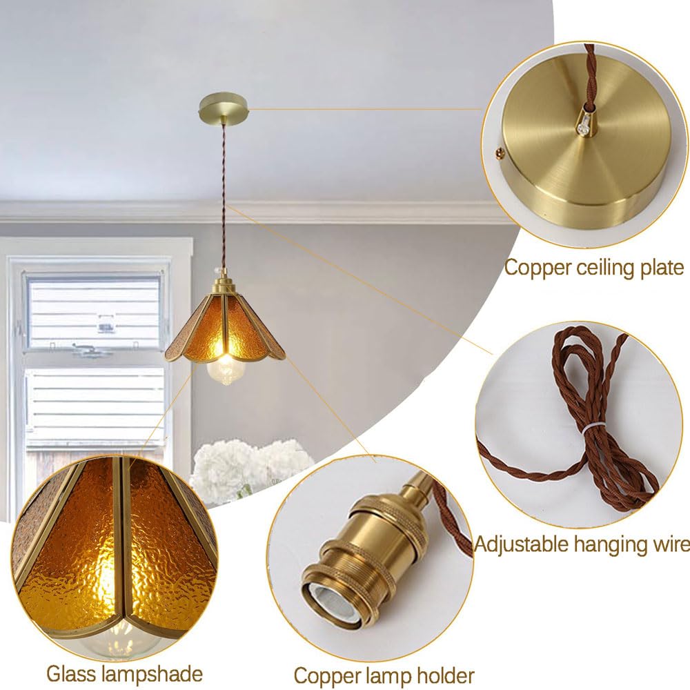 Vintage Industrialna lampa wisząca z kryształowym kloszem i miedzianym wykończeniem, nowoczesna lampa sufitowa w stylu retro na stolik nocny, jadalnię, kuchnię lub wyspę. (A)