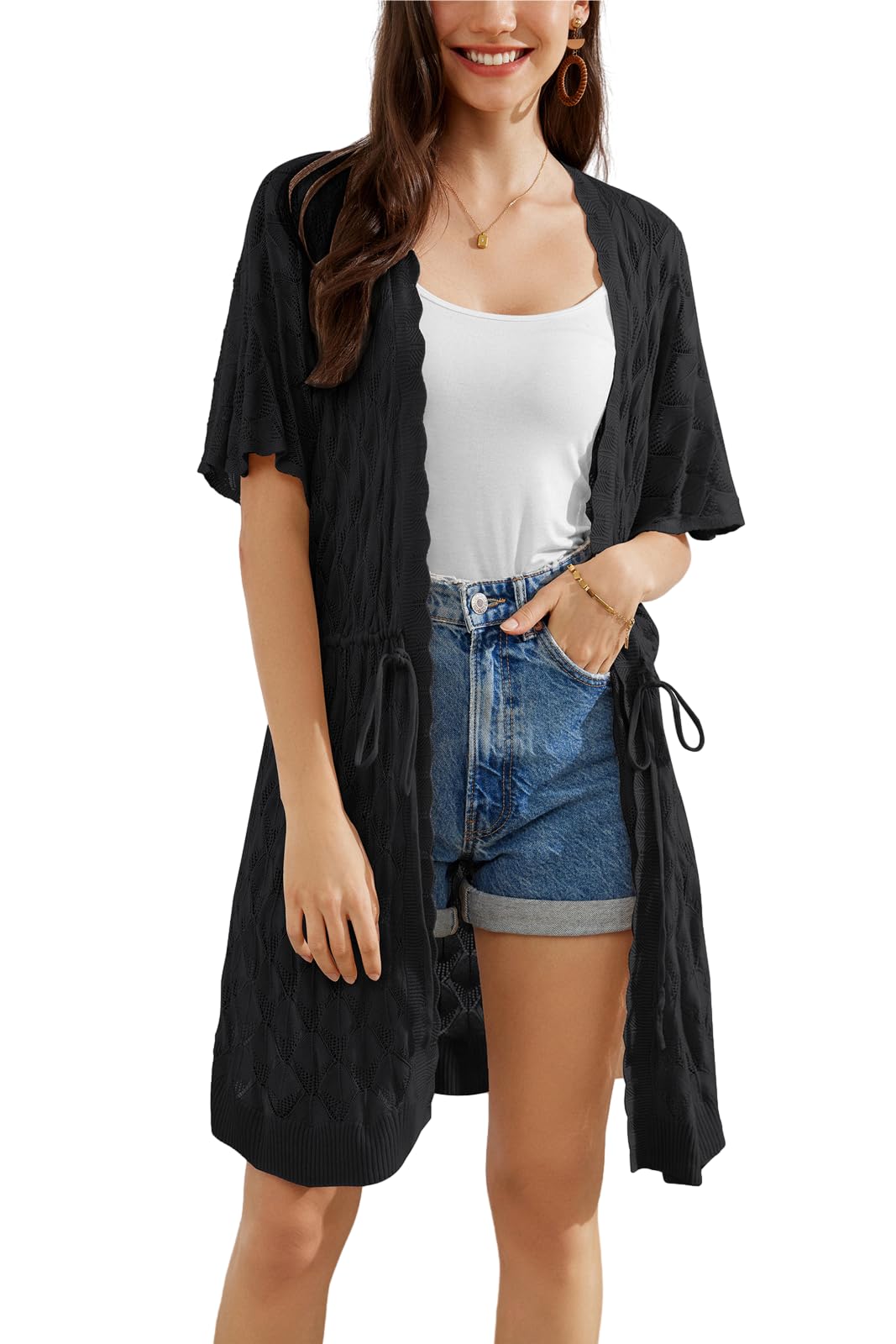 GRACE KARIN Cárdigan ligero de punto para mujer, manga corta, verano, playa, elegante, patrón de agujeros, bolero, parte delantera abierta, con cinturón de sujeción