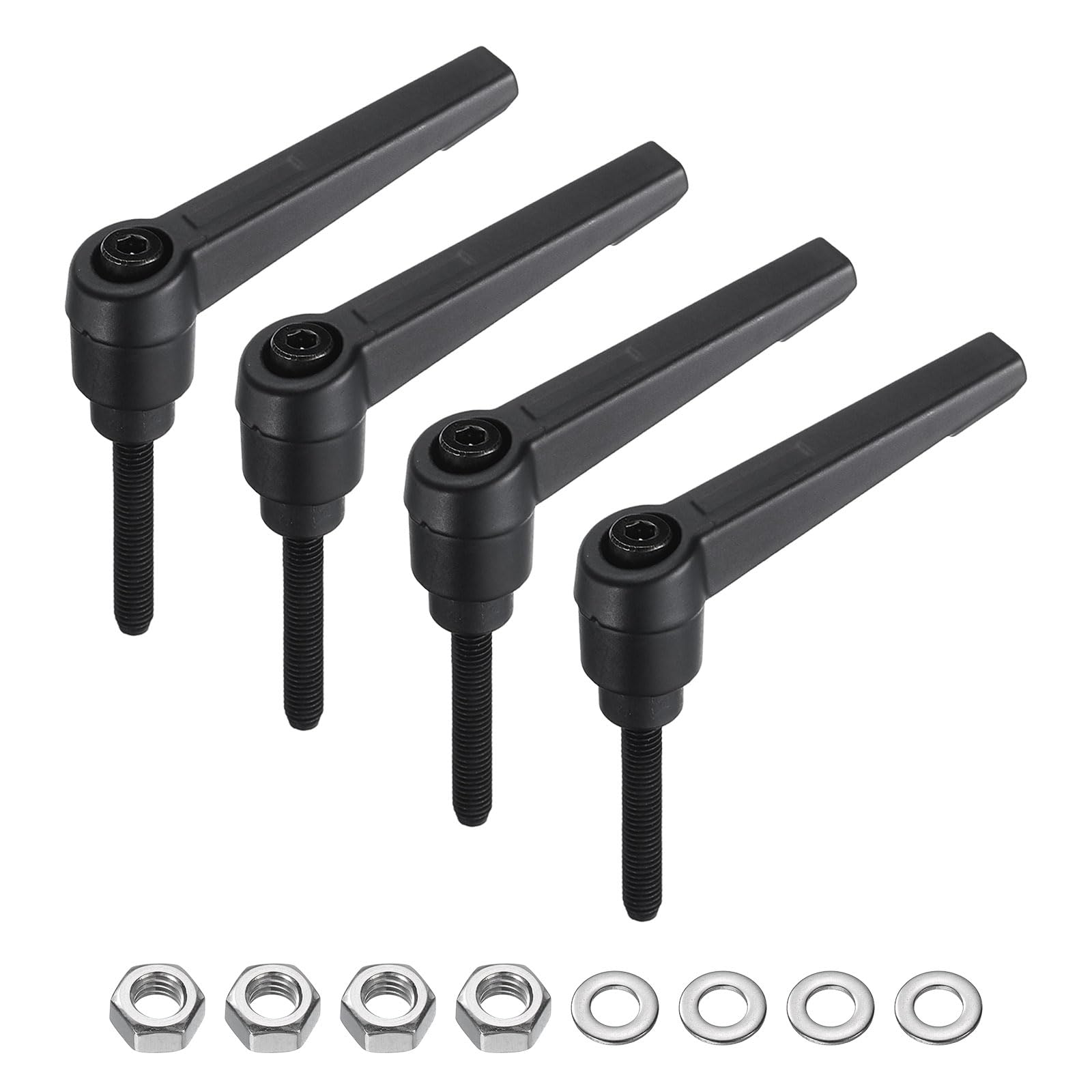 uxcell 4pcs Lever Adjustable Handles M5 x 32mm Metric Male Thread with Nuts Washers, Level Clamping Handle Set Hand Stud Knobs Rotating Screw Handles Bolts with Locking Lever, Black