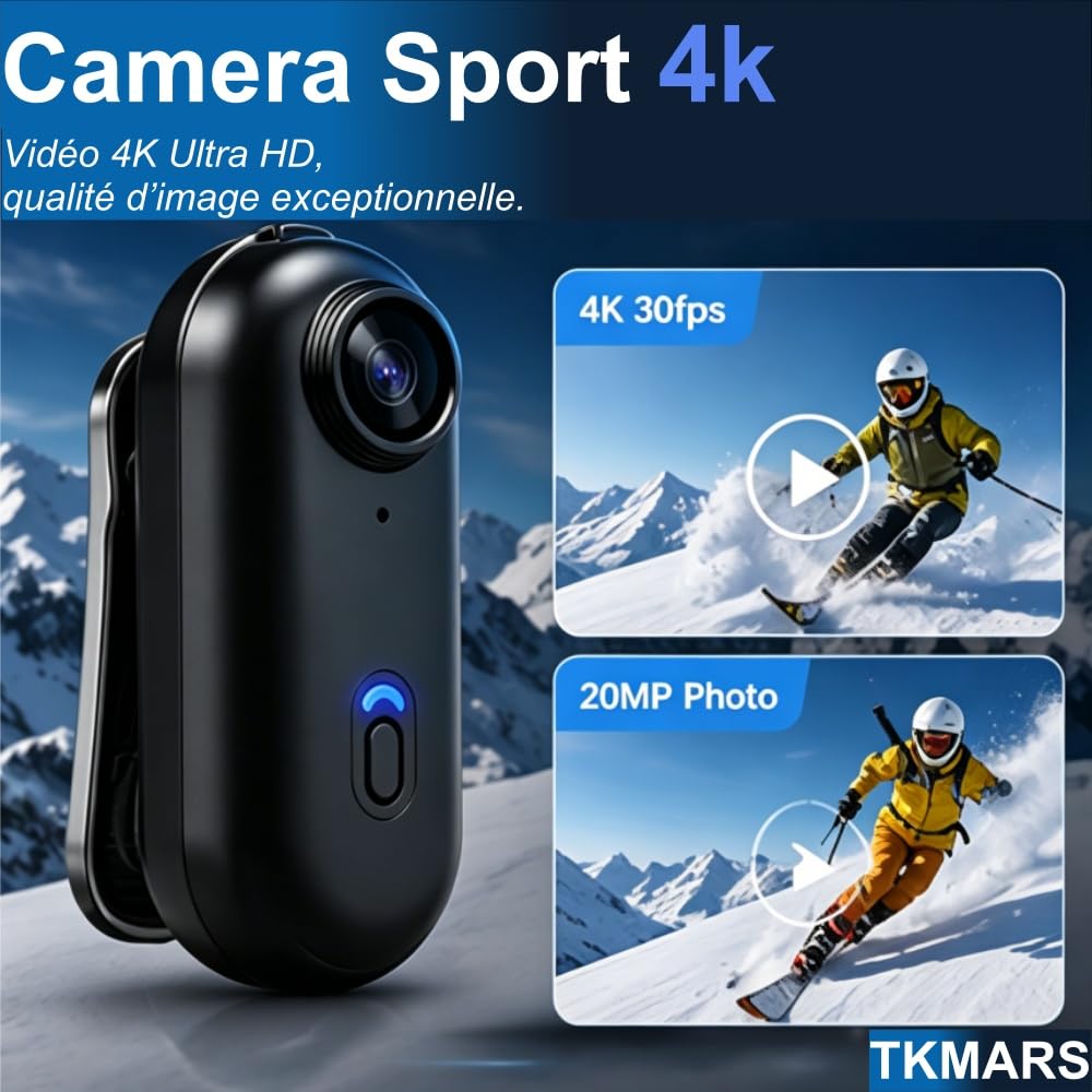 TKMARS Mini Caméra Action 4K, Caméra Sport Portable avec Clip Magnétique 360°, Caméra Moto Casque POV Vlog, Étanche avec Boîtier, Grand Angle 120°, WiFi, Idéale pour Vélo Moto Randonnée