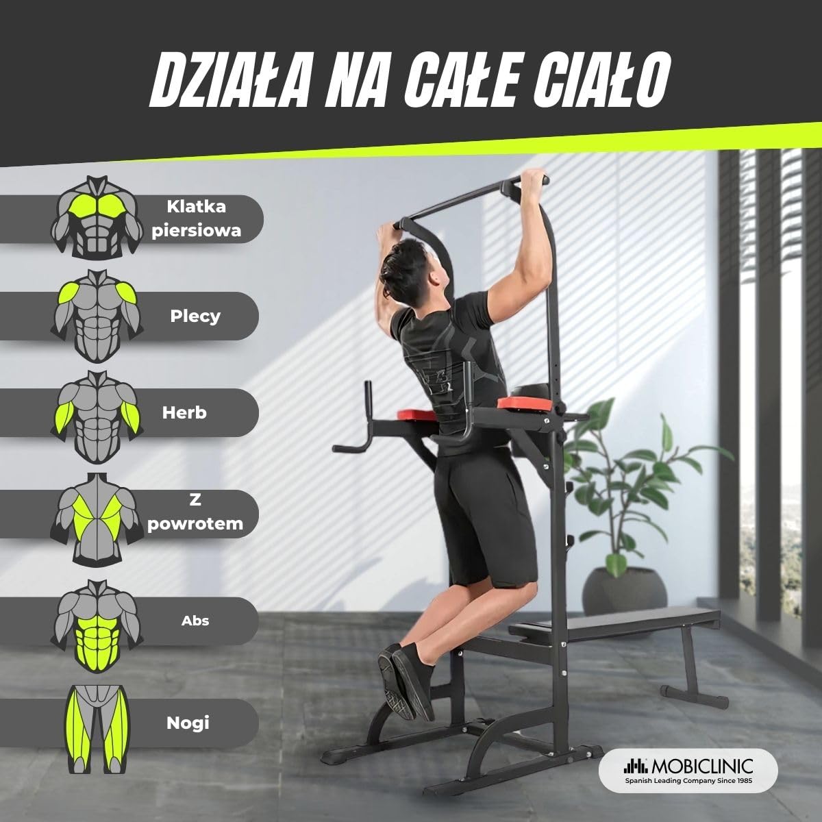 Mobiclinic® fitness, Stacja do treningu łowego, 9 w 1, Składana, Domifit, Regulowana 8 wysokościach, Drążek podciągania, Ławka rozkładana, Stojak na sztangę, Wielofunkcyjna, Antypoślizgowa, Wyś