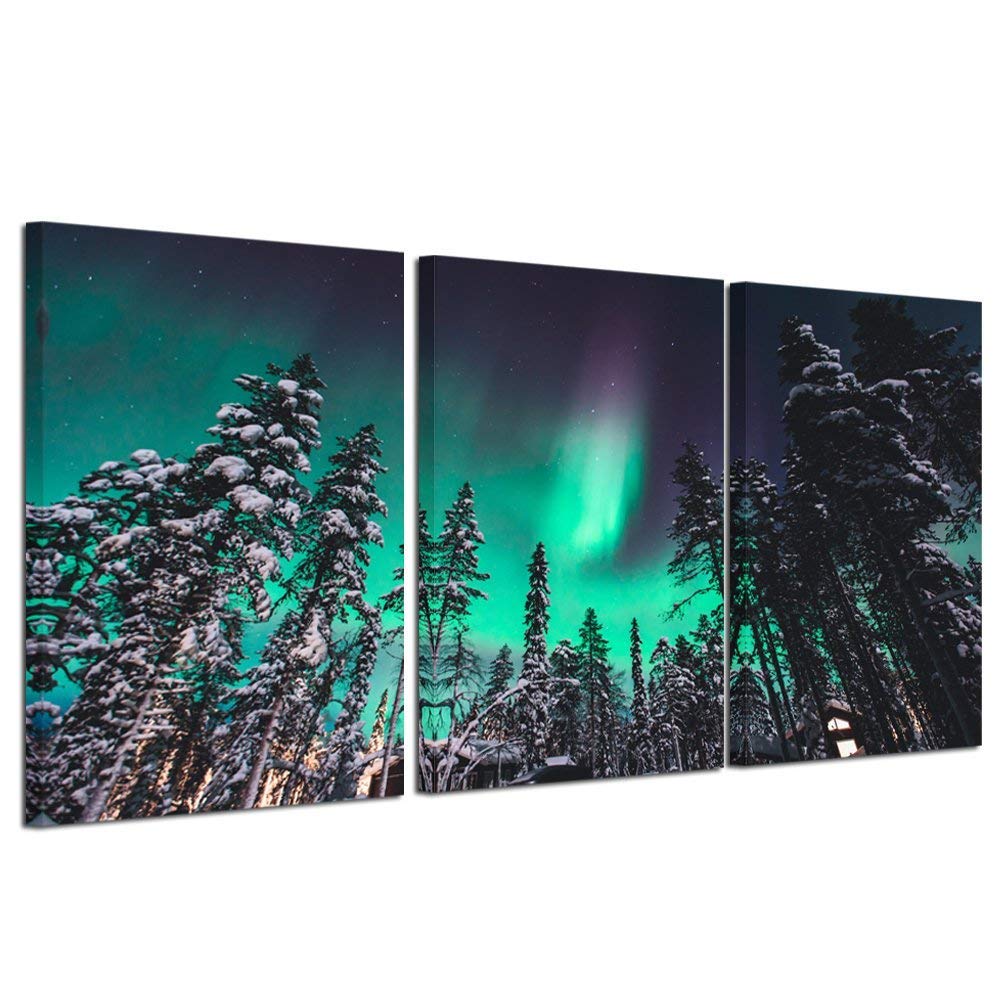 KREATIVE ARTS Northern Lights Canvas Print Norway Nature Green Aurora Borealis Poster Snow Tree Forest Landscape Painting Wall Art Modern Giclee Artwork Ready To Hang 16x24inchx3pcs