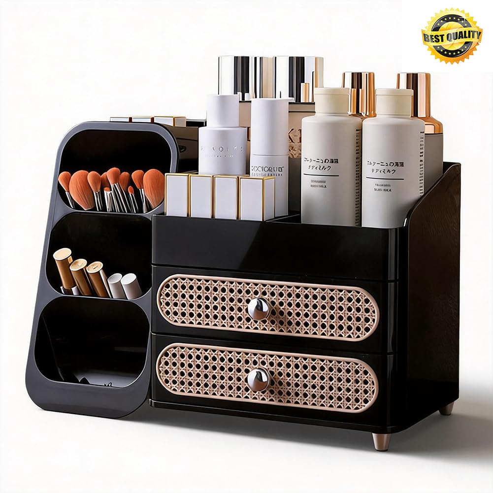 Organizer per trucchi con 2 cassetti, organizer per la cura della pelle, antiscivolo, porta pennelli per cosmetici, profumi, palette di ombretti, smalti per unghie
