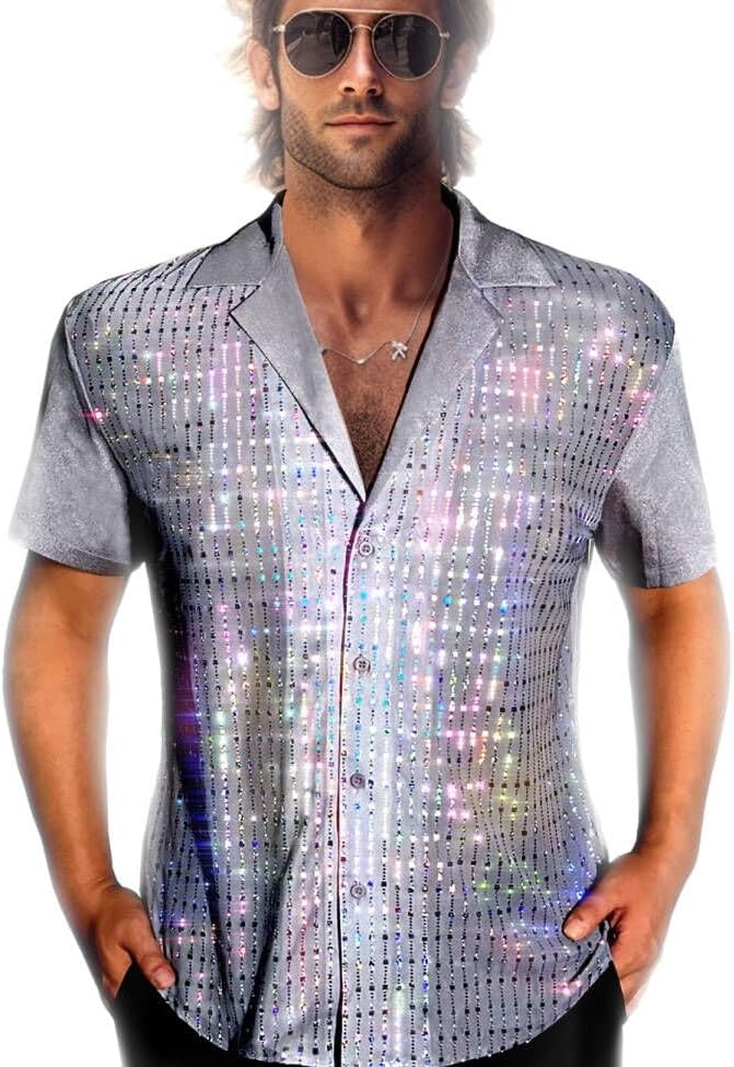 AIBEIX Mens Mesh Sequins See Through 70s Disco Long Sleeve Button Down Shirts