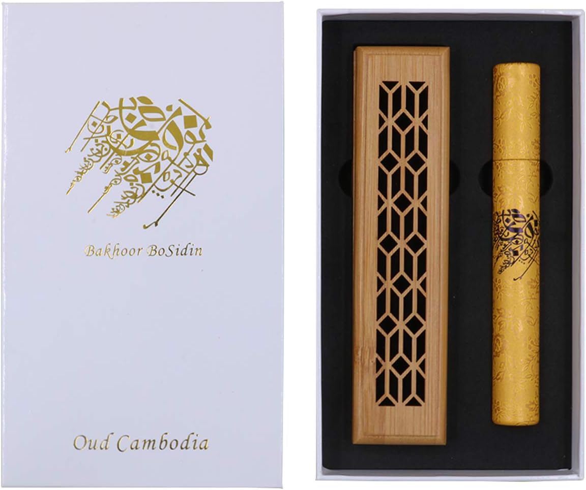 Bakhoor BoSidin - A48W - Bakhoor Incense Cambodian Oud Collection with Wooden Incense Burner - 20 Incense Sticks (10.5cm long & 25 to 30 minutes burning time) - White